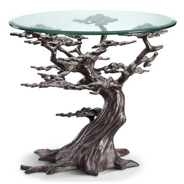 Cypress Tree End Table Sculpture with Glass Top High-end Art